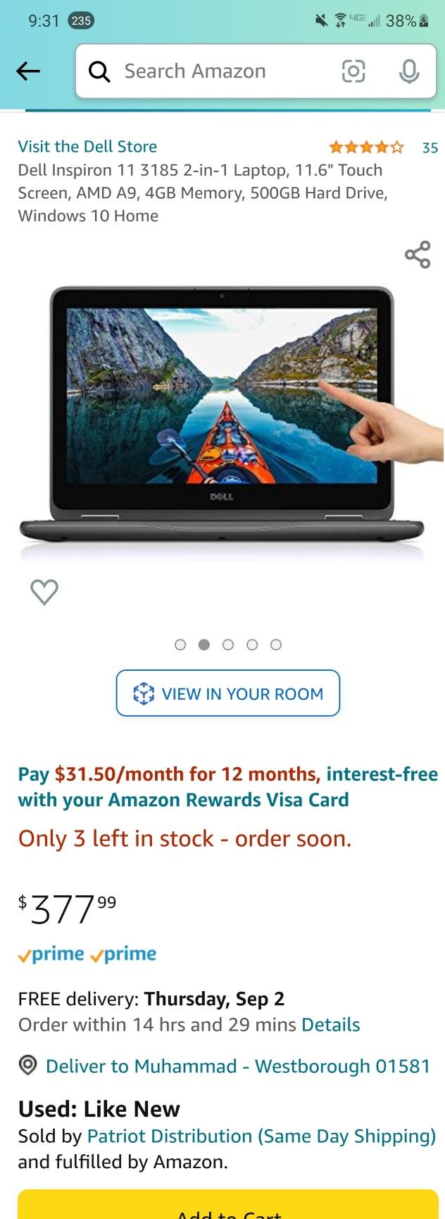 Dell Inspiron 11 3185 2-in-1 Laptop, 11.6" Touch Screen, AMD A9, 4GB Memory