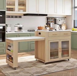 HLR 72" Kitchen Island with Extendable Dining Table, Marble Grain Top Storage Islands with Power Outlet, Rolling Cart on Wheels