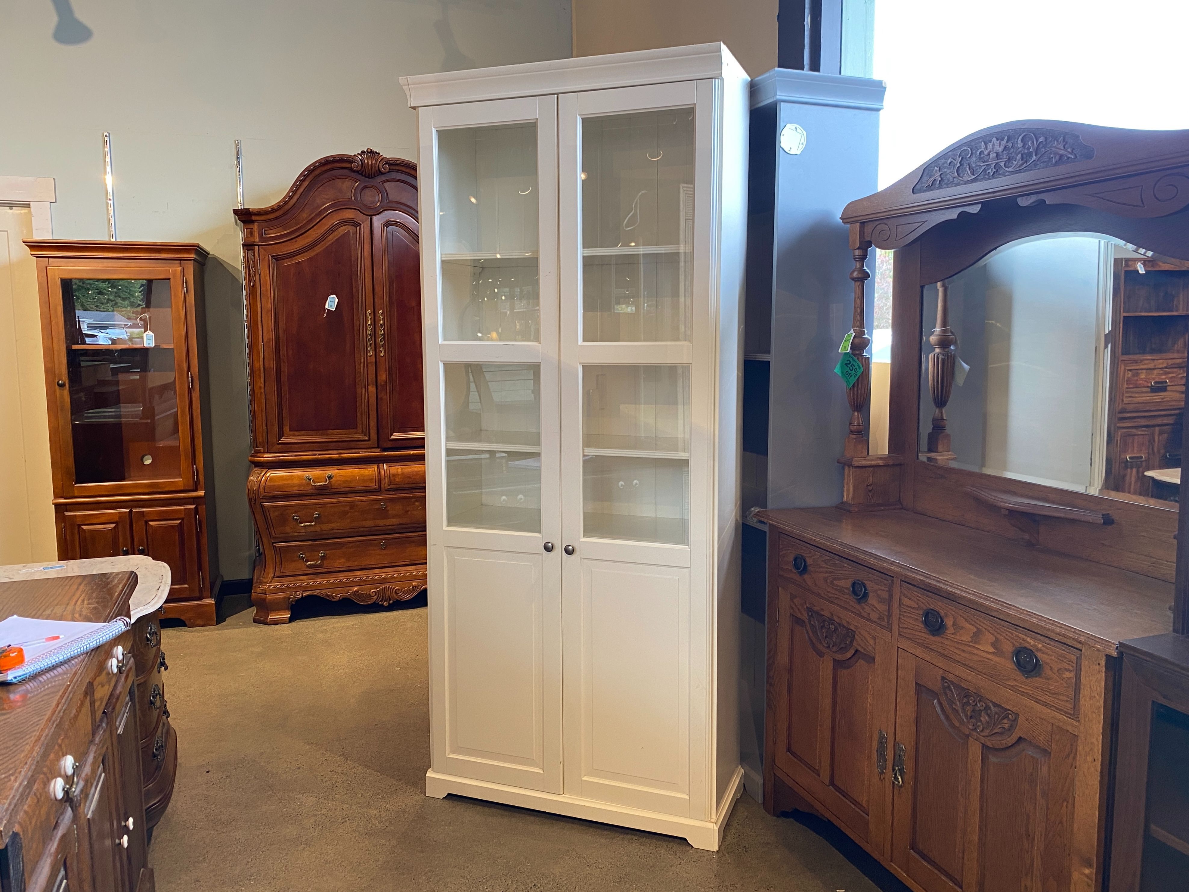 Towering White Glass Door Cabinet w/ Adjustable Shelves