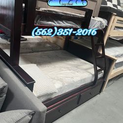 Solid Pine Cherry Bunk Bed Twin/ Full And Trundle (Both Mattresses Included)- Litera Completo 