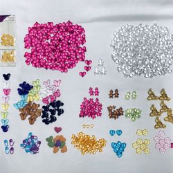 CRAFT SUPPLIES ( BEAUTIFUL) METAL CHARMS. SEEDS BEADS. ADHESIVE TRIM. RIBBON PRINT STAMPED. MESH. YUTE. DECORATIVE RIBBON