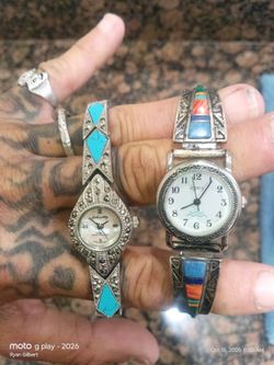 Two Vintage Southwest Style Silver Inlay Watches