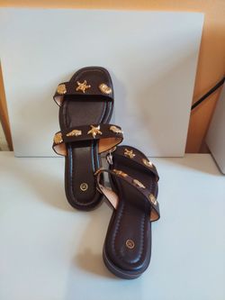 Brown Slide Sandals with Gold Sea Charms