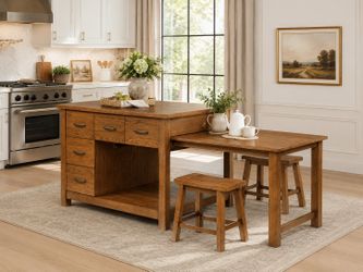 3 Piece Dark Oak Kitchen Island Set Extension Table 2 Stools 10 Drawers Isla de Cocina Roble Mesa Bancos Venta Furniture Sale Muebles