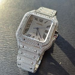 Custom Cartier Iced out moissanite blue sapphire bust down watch sterling silver