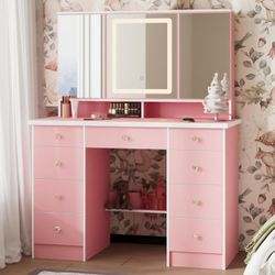 Pink Modern Makeup Vanity Desk 9-Drawers Wood Dressing Table with 3 Mirrors, Hidden Storage Shelves, LED Lighted Lights