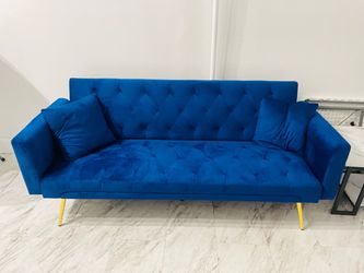 Blue 6ft Velvet Tufted Sofa with Gold Legs