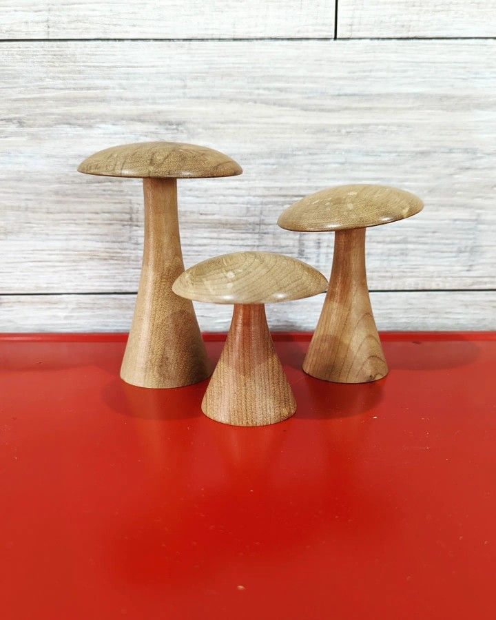 3pc Vintage Wooden Mushrooms Decor 