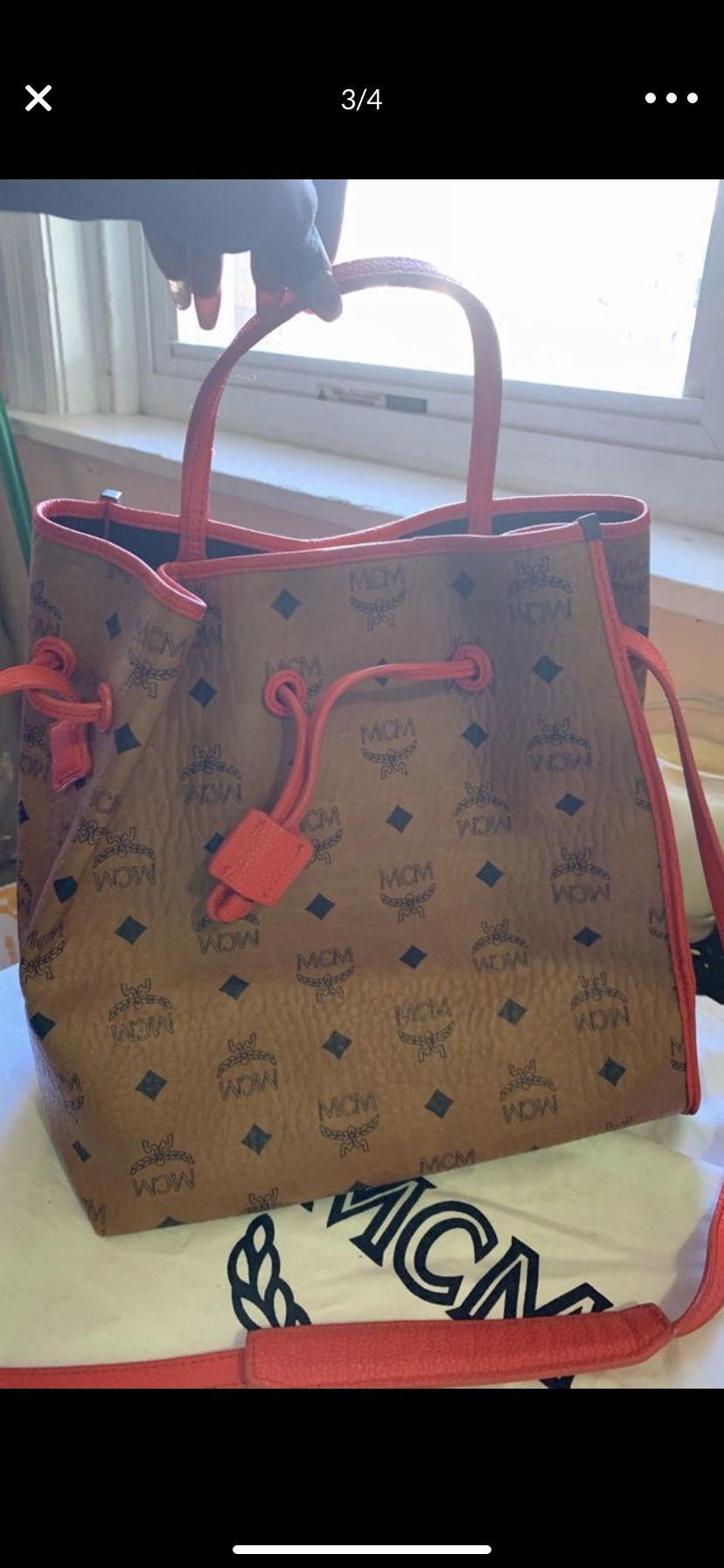 Mcm small satchel bag with neon orange trim (authentic)
