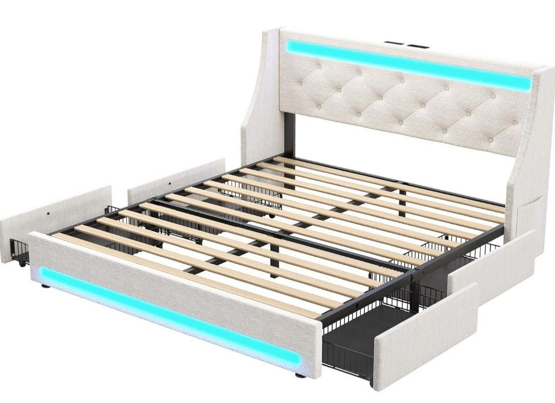 Rolanstar Twin Bed Frame with LED Lights and Charging Station, Upholstered Bed with Drawers, Wooden Slats, Noise Free, Easy Assembly, Beige