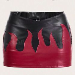 Red leather mini skirt with flame design