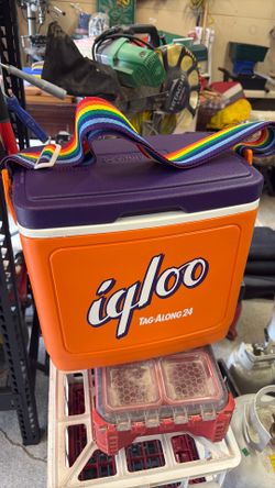 1990s Igloo tag along cooler, rainbow strap