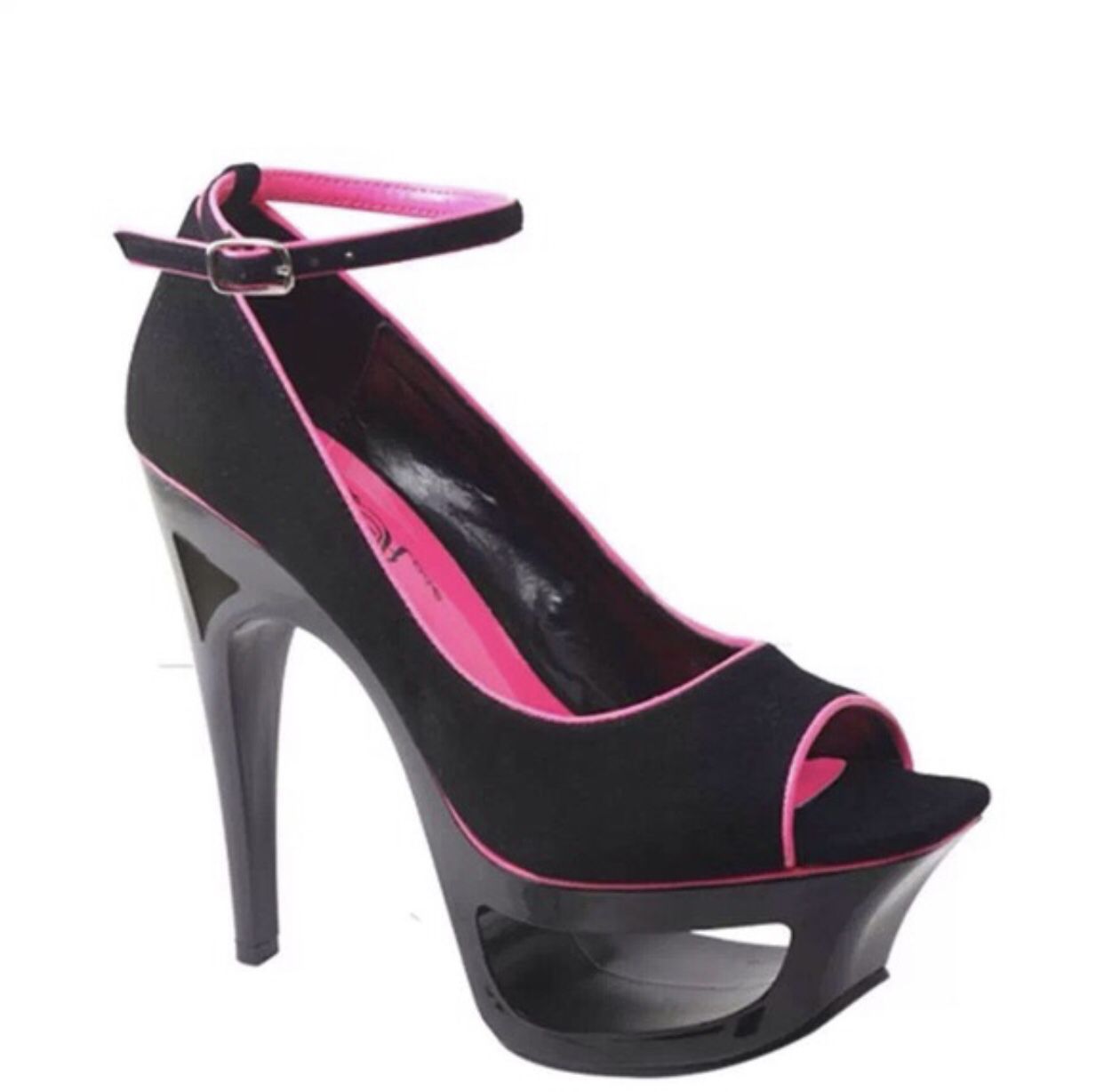 Ladies New Black/Pink Trim Ankle Strap Peep Toe Platform Heels