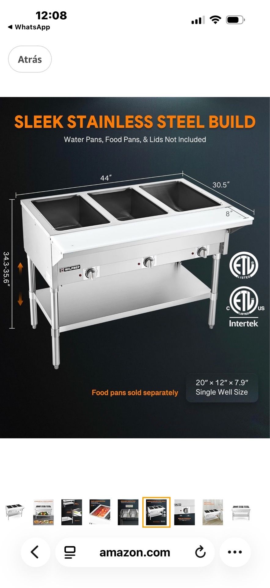 WILPREP Commercial 3-Well Food Warmer, 1500W Electric Steam Table with 8-Inch Cutting Board and Storage Rack, 44-Inch Stainless Steel Steam Table, Foo