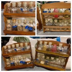 Antique spice racks with glass bottles