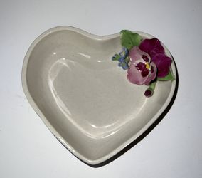 Porcelain Heart Trinket Dish with Pink Flower Embellishments