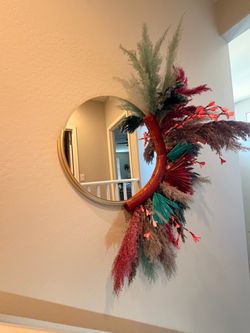 Decorative Round Mirror with Handmade Floral Arrangement