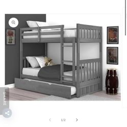 New Gray Bunk Bed Twin Over Twin With Trundle 
