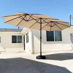 New $130 Large 15 FT Double Sided Outdoor Umbrella with 65 LBS Plastic Weight Base (Beige color) 