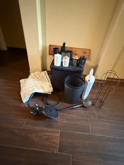 Bathroom items and Black stool