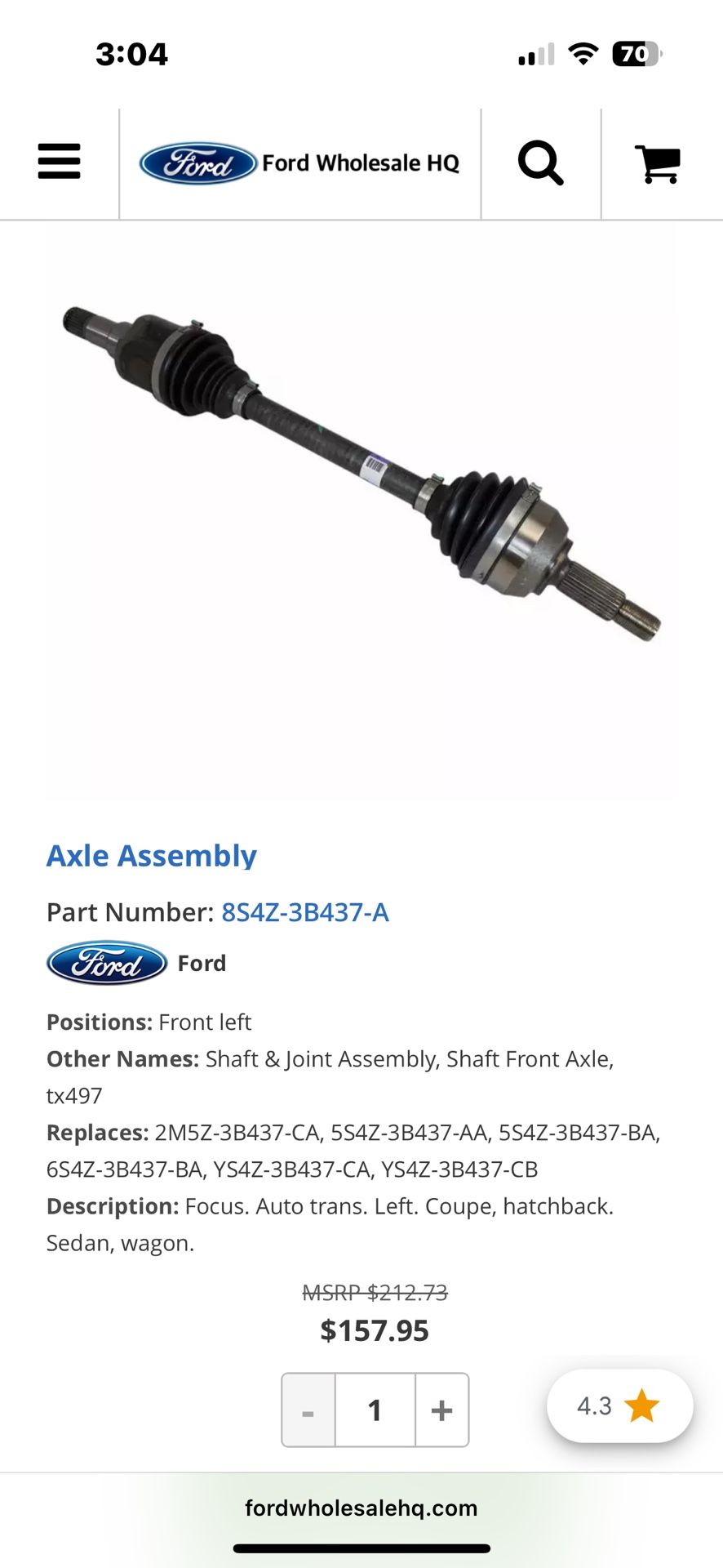 05 Ford Focus CV Axle Assembly