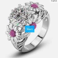 Two Tone Round Cut White Zircon Daisy Promise Ring Silver For Women Size 6

