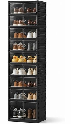 9-Tier Black Foldable Shoe Rack,18-Pair Organizer with Magnetic Doors Dustproof Enclosed Storage with Clear Magnetic Doors,Easy to Assemble for Closet