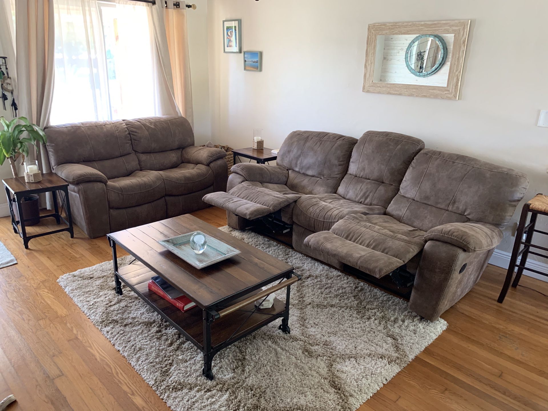 Recliner Sofa, Love seat, rolling coffee table & 2 end tables