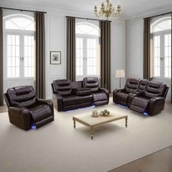 Power Reclining SET – Sofa + Loveseat + Chair – New in Box – LED/USB/Wireless Charger – Delivery Only