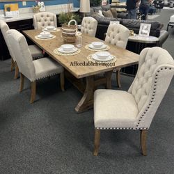 7 Pc 77” Rustic Oak Dining Table Set Brand New In Box 