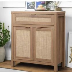 SCEWA10004OA new assembled Buffet Cabinet Sideboard with Storage, Rattan Accent Cabinet with Doors Drawer, Boho Credenzas Farmhouse Buffet Table Conso