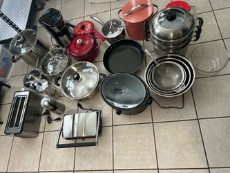 Large pots and kitchen gadgets