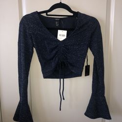 (NEW) Forever 21 Navy Blue Sparkle Ruched Crop Top Size Small