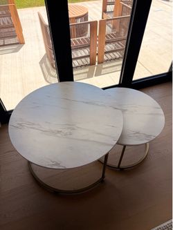 Modern Nesting Coffee Table Set – Faux Marble Top, Gold Metal Base – Like New