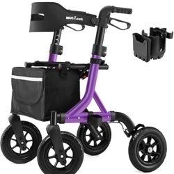 Rollator Walker for Seniors, Foldable All Terrain Rolling Walker with seat, Aluminum Walkers with 10 inch Rubber Wheels, Built-in Cable, Cup Holder, A