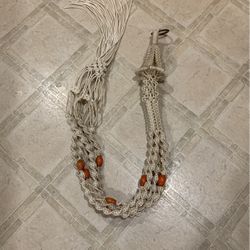5’ Detailed Vintage Macrame Plant Holder With 9 Large Orange Wood Beads- Nice Big Brass Ring To Hang From