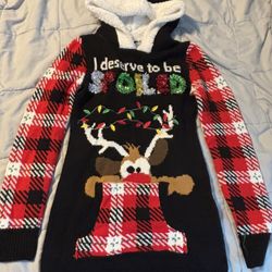 WOMENS SIZE SMALL 3-5 Spoiled Christmas Hooded Top Sweater Reindeer Black Plaid