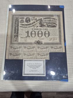Fully Isued 1863 Confederate $1000 Bond With 7 Coupons And 1 Stamp And Certificate