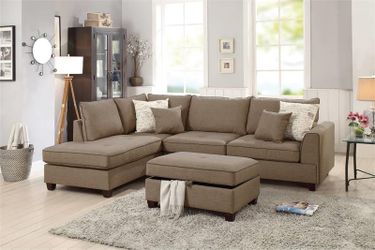 3 Piece Reversible Sectional Set W/ Storage Ottoman – Mocha Color 