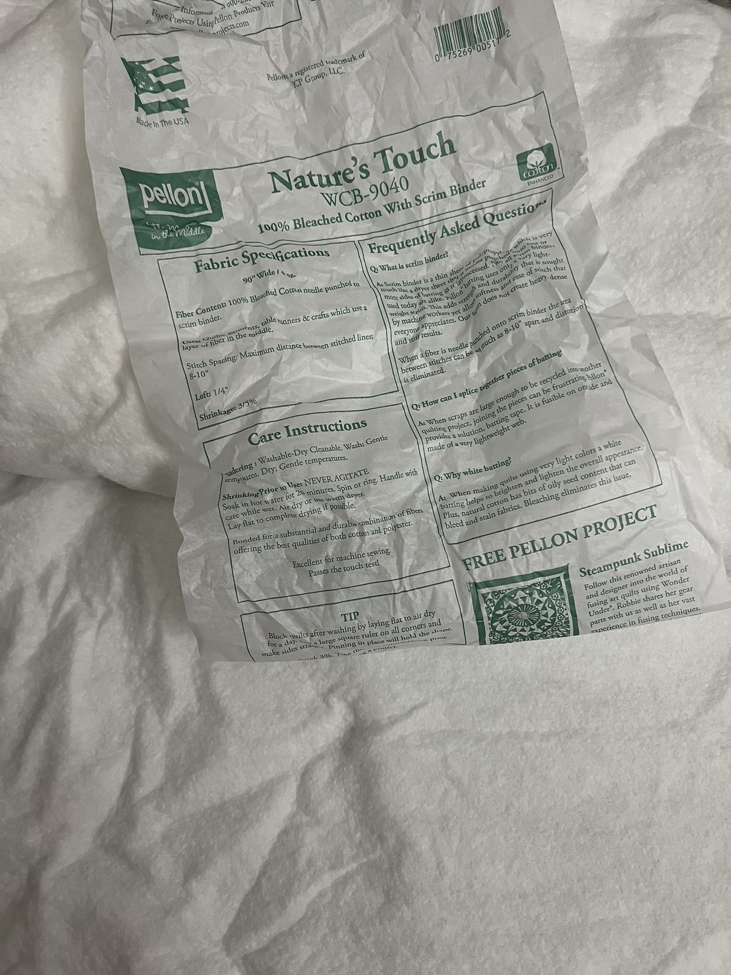 Pellon Nature’s Touch White Cotton Quilt Liner