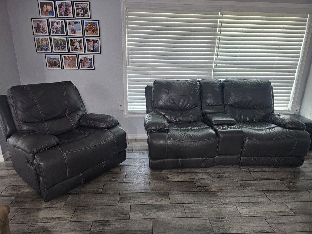 Haverty's Real Leather Recliner Couch Set, Chair And Sofa