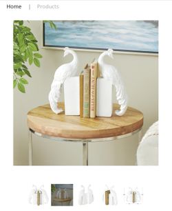 WHITE RESIN PEACOCK TEXTURED DECORATIVE BOOKENDS WITH TALL BLOCK BASES, SET OF 2 6"W, 12"