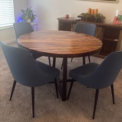 Modern Round Wood Dining Table Set with 4 Blue Upholstered Chairs