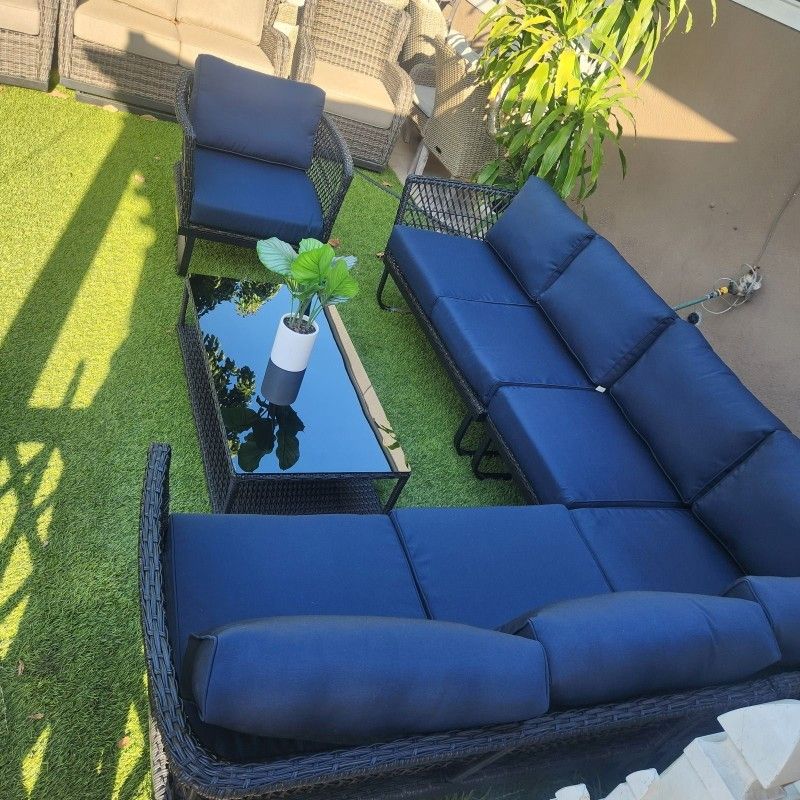 New Patio Set / Outdoor Furniture / Modular Set / Navy Blue Cushions.
