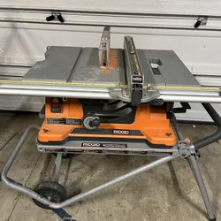 Rigid Table Saw With Work Haul 2 Wheel Stand