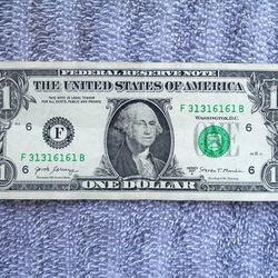 Fancy Binary Repeater Serial Number U.S. One $1 Dollar Bill 2017 A