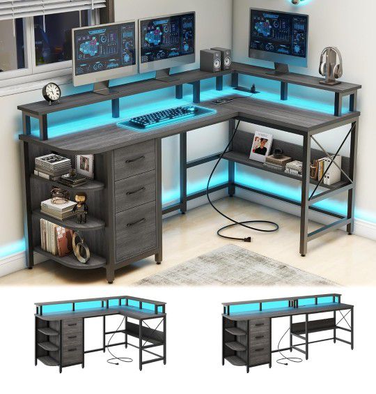 L-Shaped Computer Desk With LED lights And POWER OUTLETS