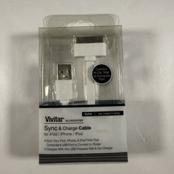 Vivitar Sync & Charge Cable - USB To 30 Pin For Older iPad iPod And iPhone - New