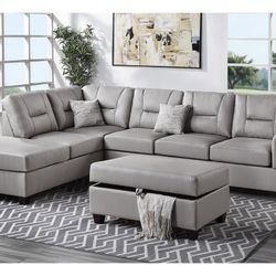 Gray Leatherette Sectional Sofa With Ottoman 