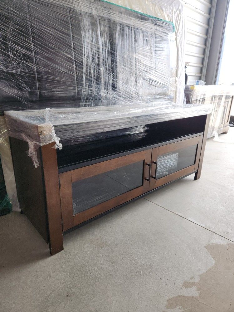 TV Stand , Glass Top, Sound Soundbar Station, Glass Door Shelf Storage $